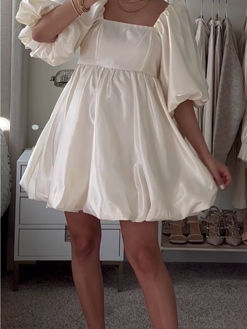Puff Sleeve Square Neck Mini Dress in Ivory